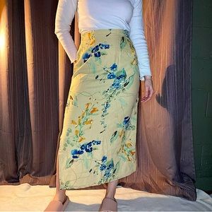 stunning linen floral midi skirt with side slit waist 30”